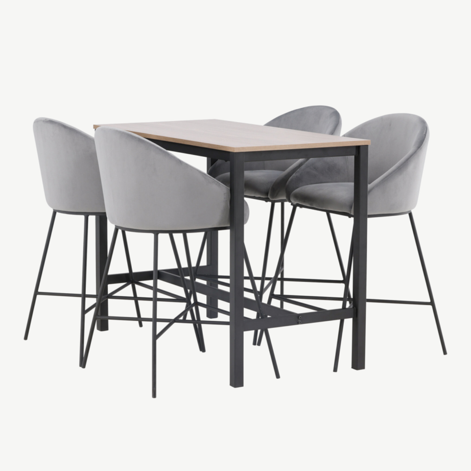 Camdeni pähklivärvi baarilaua ja tumehallide velvet-toolide komplekt (4 istekohaga), GR23236 – 6