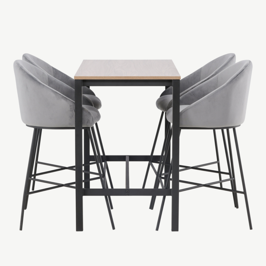 Camdeni pähklivärvi baarilaua ja tumehallide velvet-toolide komplekt (4 istekohaga), GR23236 – 7