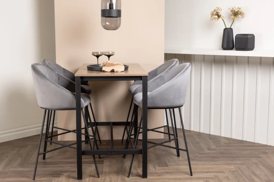 Camdeni pähklivärvi baarilaua ja tumehallide velvet-toolide komplekt (4 istekohaga), GR23236 – 8