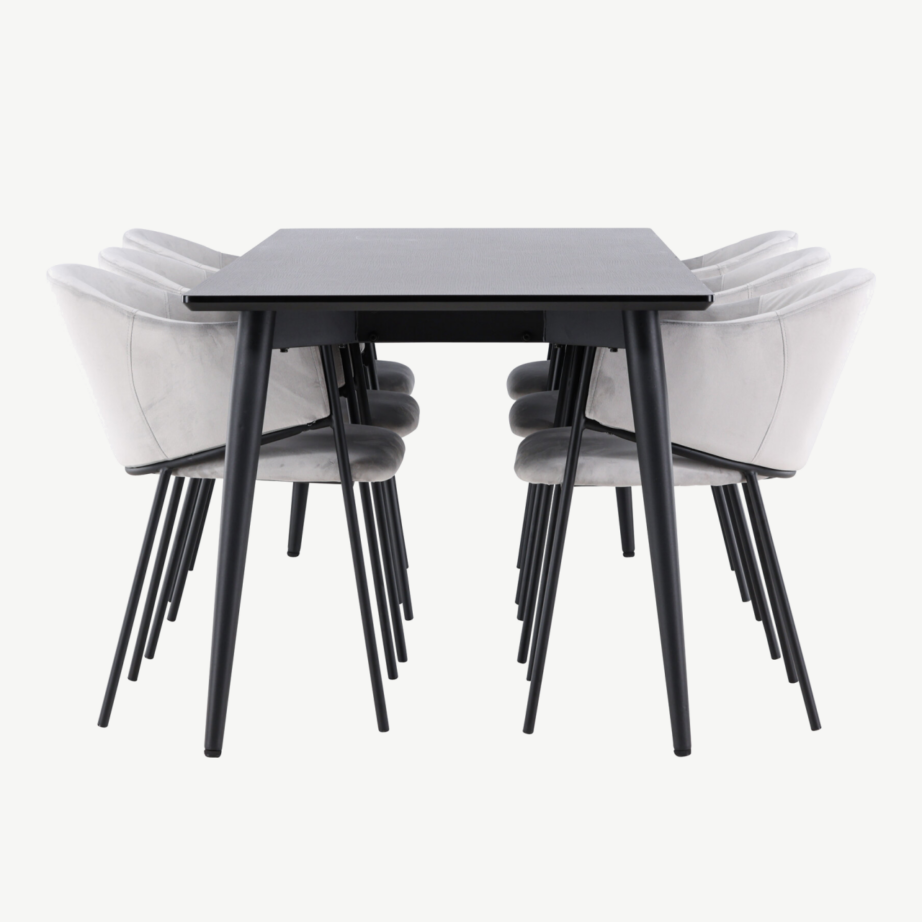 Ellis söögilauakomplekt 6 Evelina sametist tooliga (must, helehall), GR24615 – 2