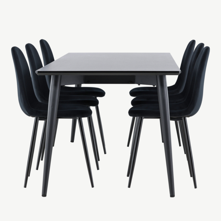 Ellis söögilaud ja kuus musta sametkattega Polar tooli (MDF laud, terasjalad) - GR24611