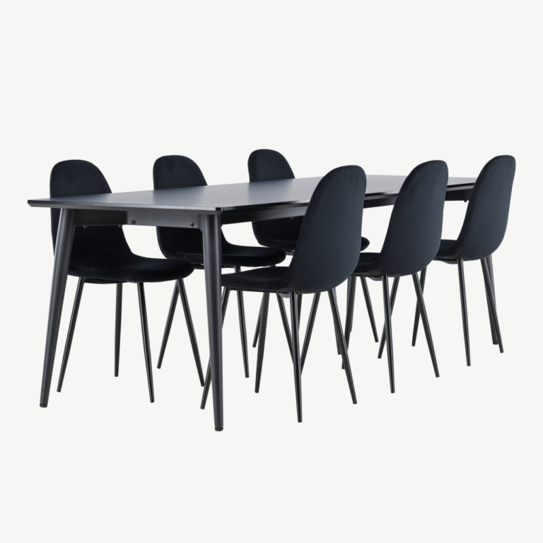 Ellis söögilaud ja kuus musta sametkattega Polar tooli (MDF laud, terasjalad) - GR24611