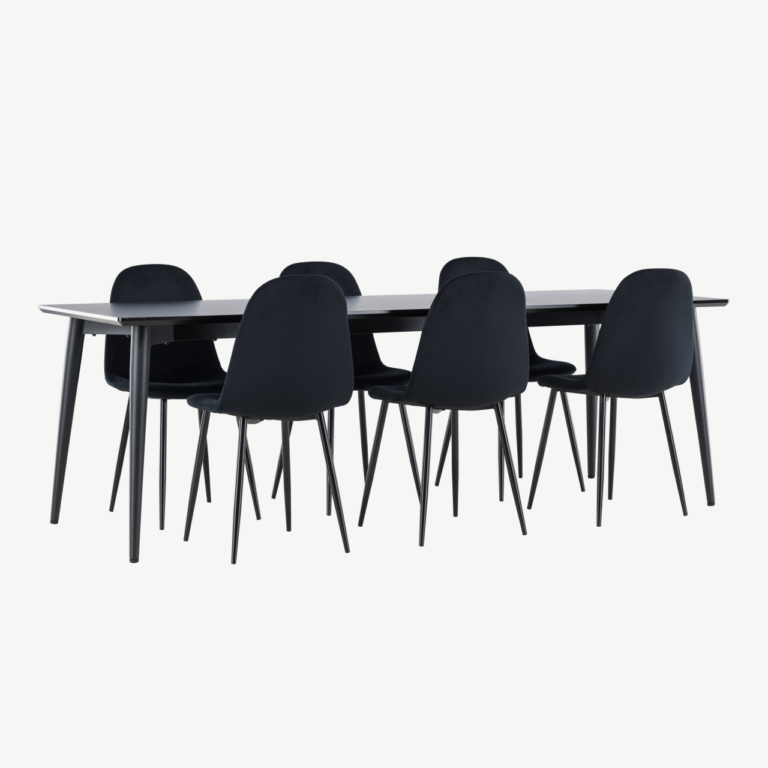 Ellis söögilaud ja kuus musta sametkattega Polar tooli (MDF laud, terasjalad) - GR24611