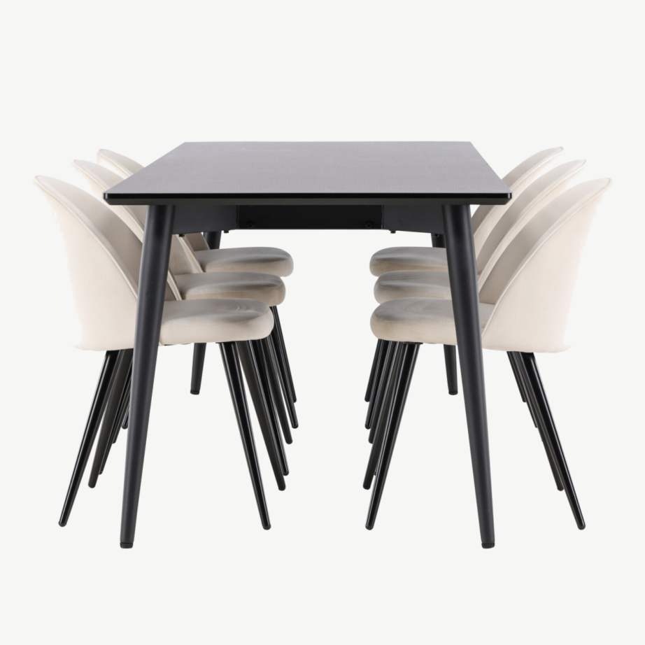 Ellise ristkülikukujuline must söögilauakomplekt velvetkattega toolidega, 230×85 cm laud ja 6 beeži tooli, GR24617 – 2