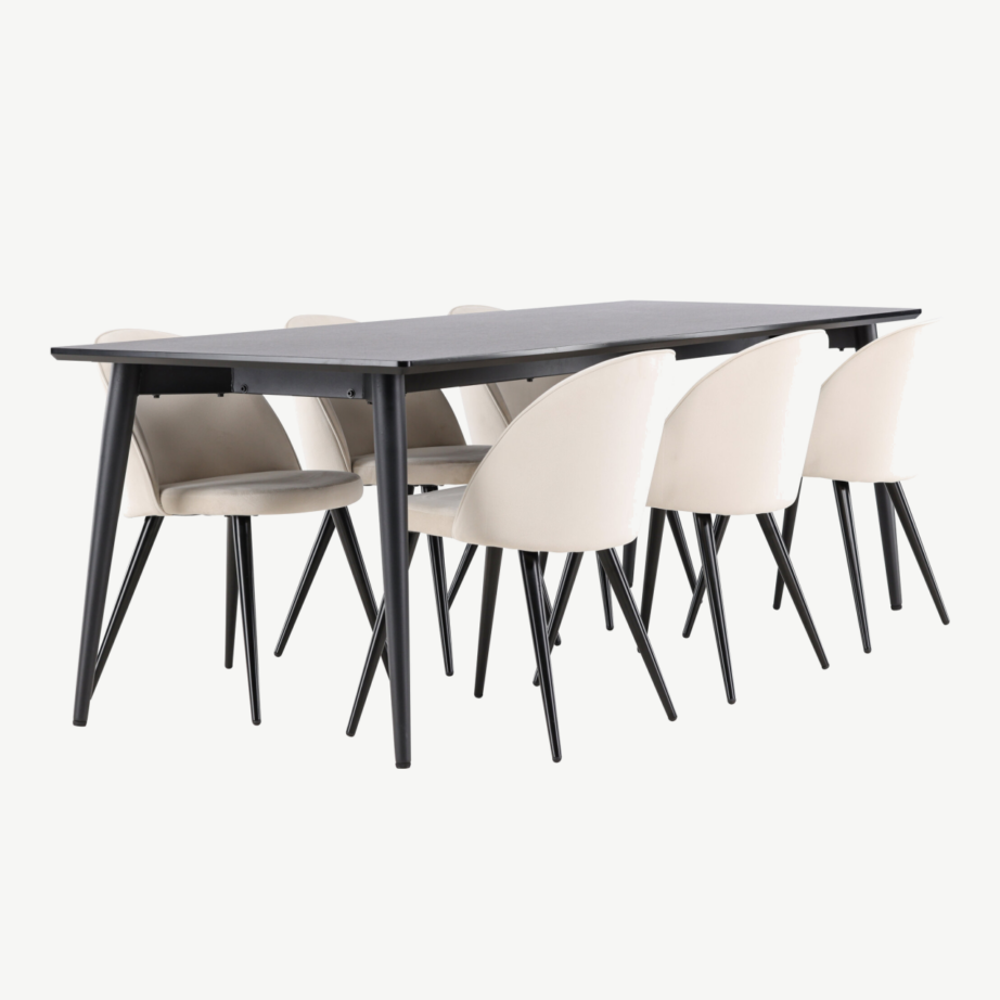Ellise ristkülikukujuline must söögilauakomplekt velvetkattega toolidega, 230×85 cm laud ja 6 beeži tooli, GR24617 – 3