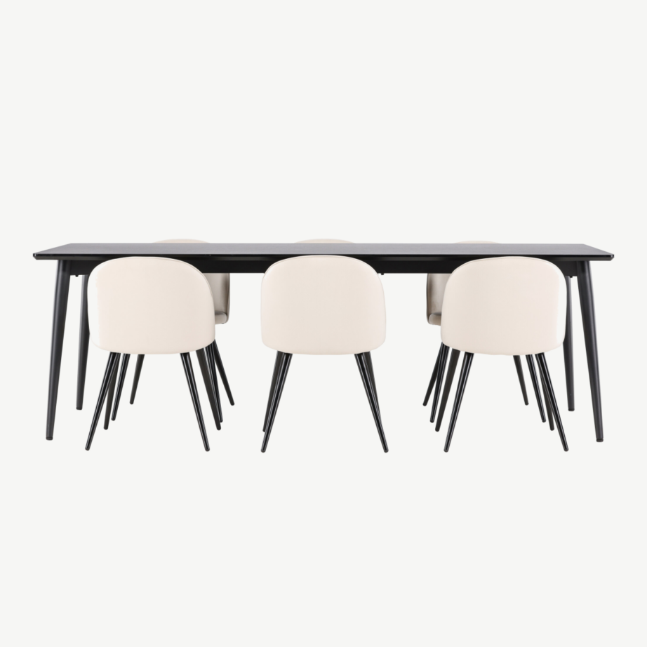 Ellise ristkülikukujuline must söögilauakomplekt velvetkattega toolidega, 230×85 cm laud ja 6 beeži tooli, GR24617 – 5