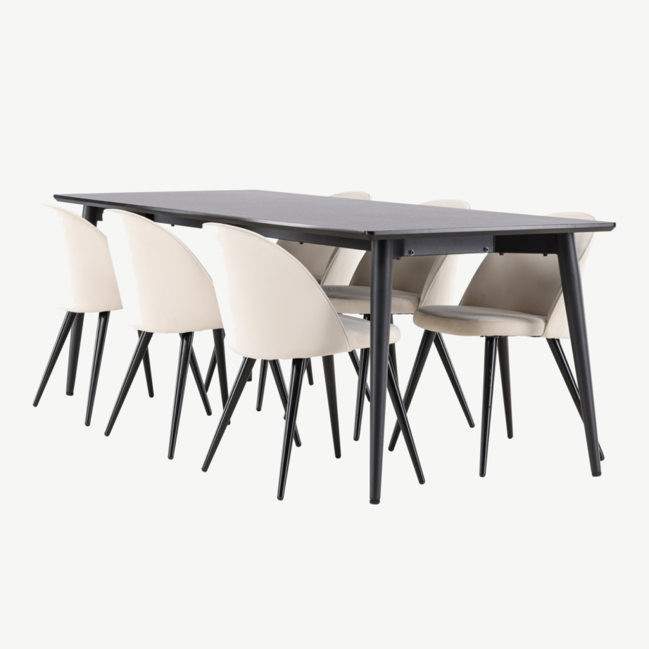 Ellise ristkülikukujuline must söögilauakomplekt velvetkattega toolidega, 230×85 cm laud ja 6 beeži tooli, GR24617 – 6