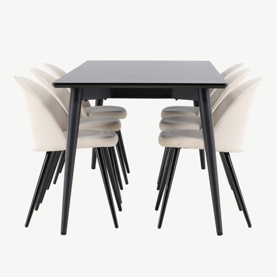Ellise ristkülikukujuline must söögilauakomplekt velvetkattega toolidega, 230×85 cm laud ja 6 beeži tooli, GR24617 – 7