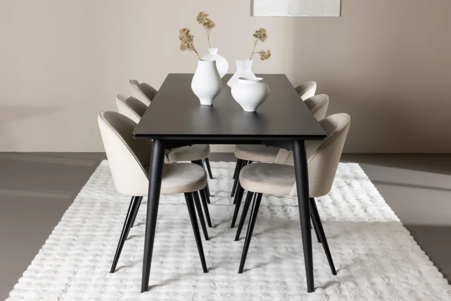 Ellise ristkülikukujuline must söögilauakomplekt velvetkattega toolidega, 230×85 cm laud ja 6 beeži tooli, GR24617 – 8