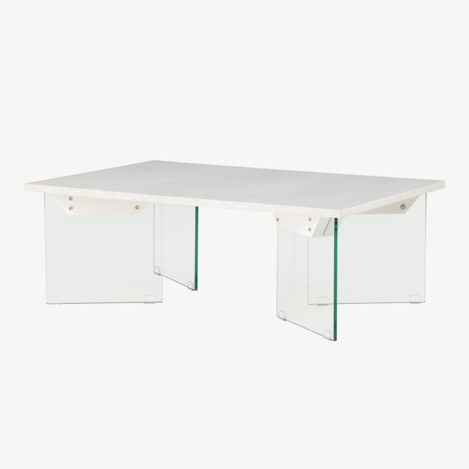 Ester diivanilaud klaasist jalgade ja valge betooni imitatsiooniga MDF-plaadiga, 120×80 cm, 62055-111