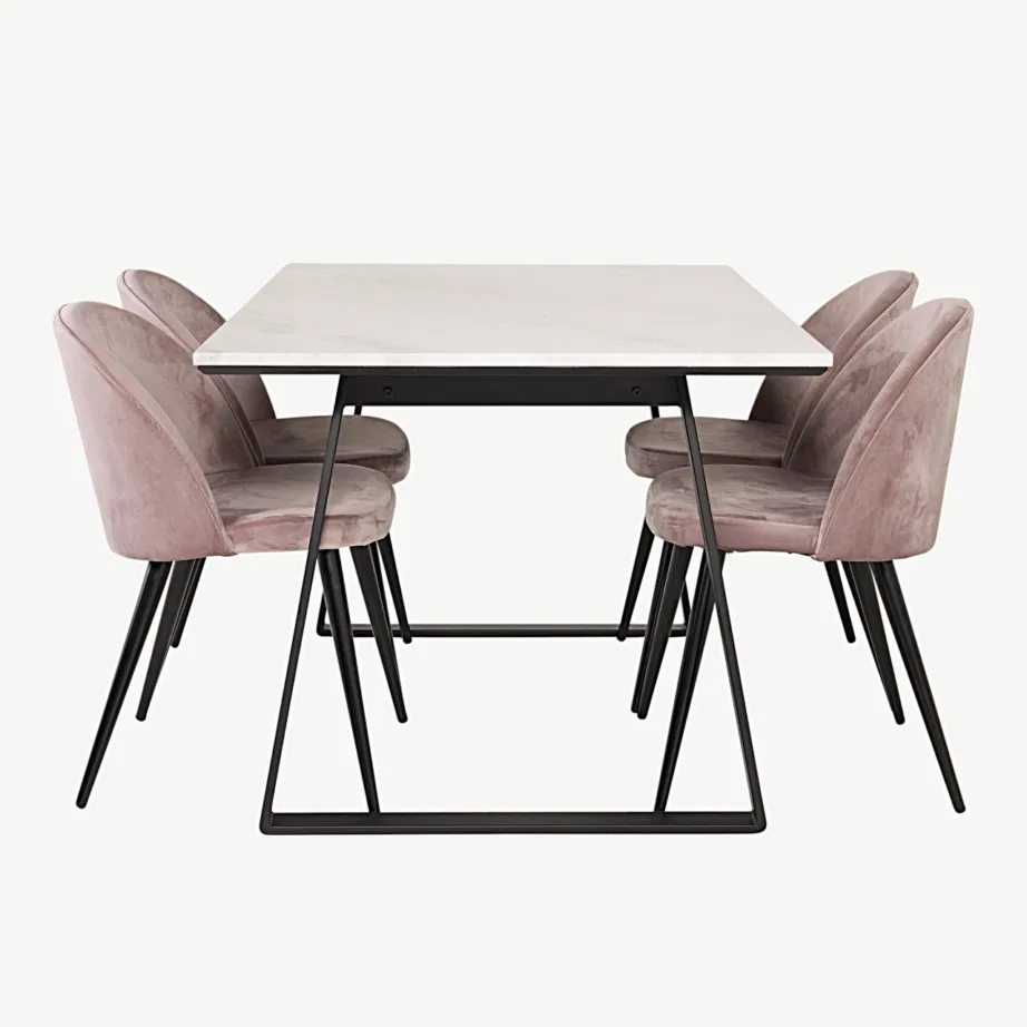 Estelle ristkülikukujulise valge marmorlaua ja tolmuroosade samettoolidega söögikomplekt, mustade jalgadega, GR14002 – 2