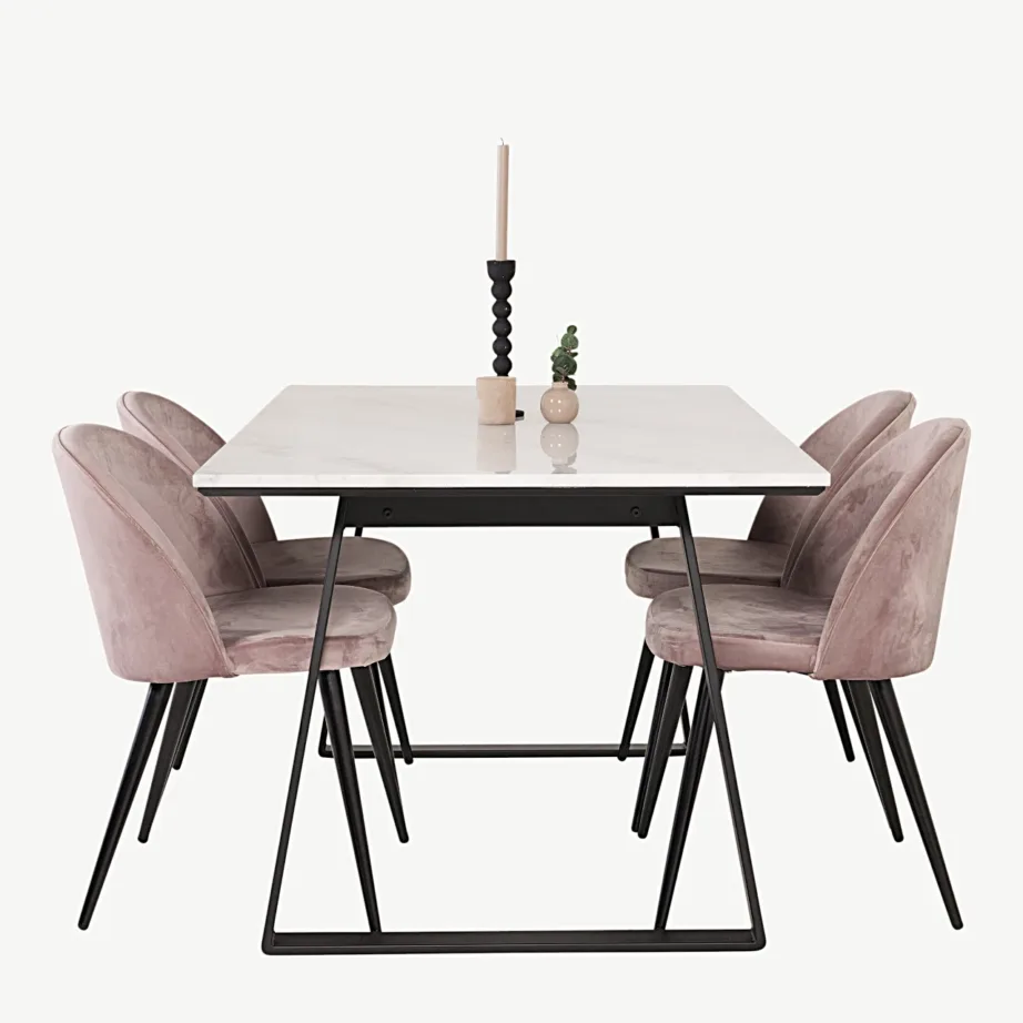 Estelle ristkülikukujulise valge marmorlaua ja tolmuroosade samettoolidega söögikomplekt, mustade jalgadega, GR14002 – 3