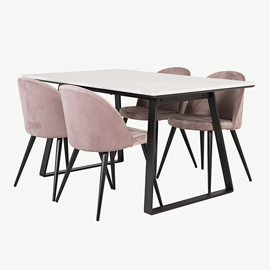 Estelle ristkülikukujulise valge marmorlaua ja tolmuroosade samettoolidega söögikomplekt, mustade jalgadega, GR14002 – 4