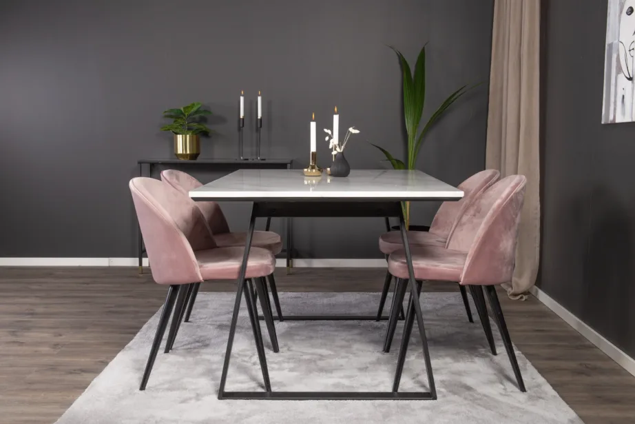 Estelle ristkülikukujulise valge marmorlaua ja tolmuroosade samettoolidega söögikomplekt, mustade jalgadega, GR14002 – 5