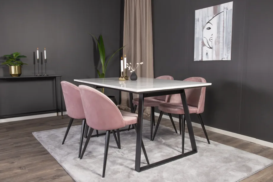 Estelle ristkülikukujulise valge marmorlaua ja tolmuroosade samettoolidega söögikomplekt, mustade jalgadega, GR14002 – 6