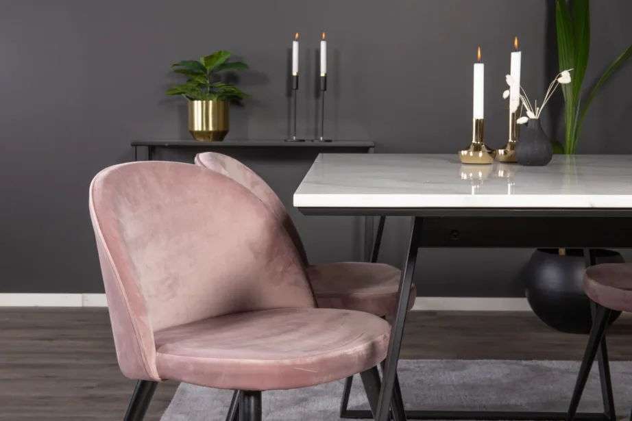 Estelle ristkülikukujulise valge marmorlaua ja tolmuroosade samettoolidega söögikomplekt, mustade jalgadega, GR14002 – 8