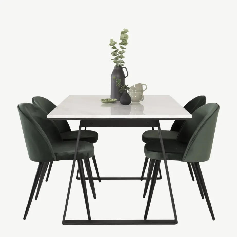 Estelle ristkülikukujuline valge marmorist söögilaua komplekt roheliste samettoolidega, mustade jalgadega, GR14003 – 3