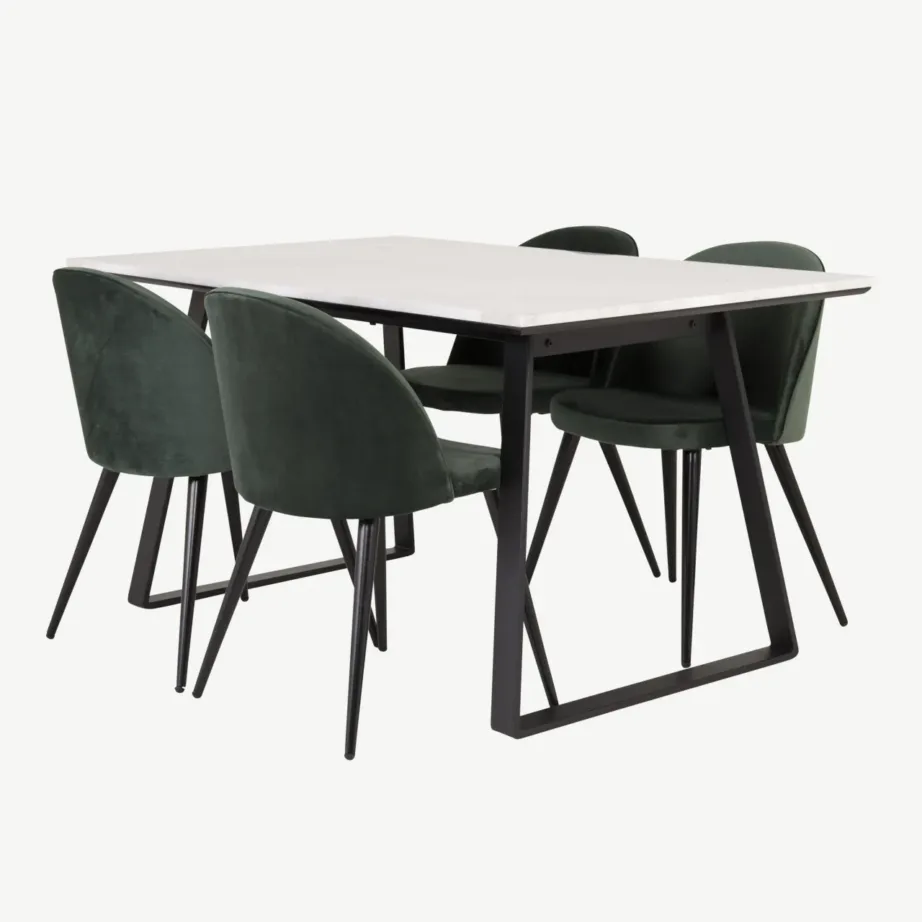 Estelle ristkülikukujuline valge marmorist söögilaua komplekt roheliste samettoolidega, mustade jalgadega, GR14003 – 4