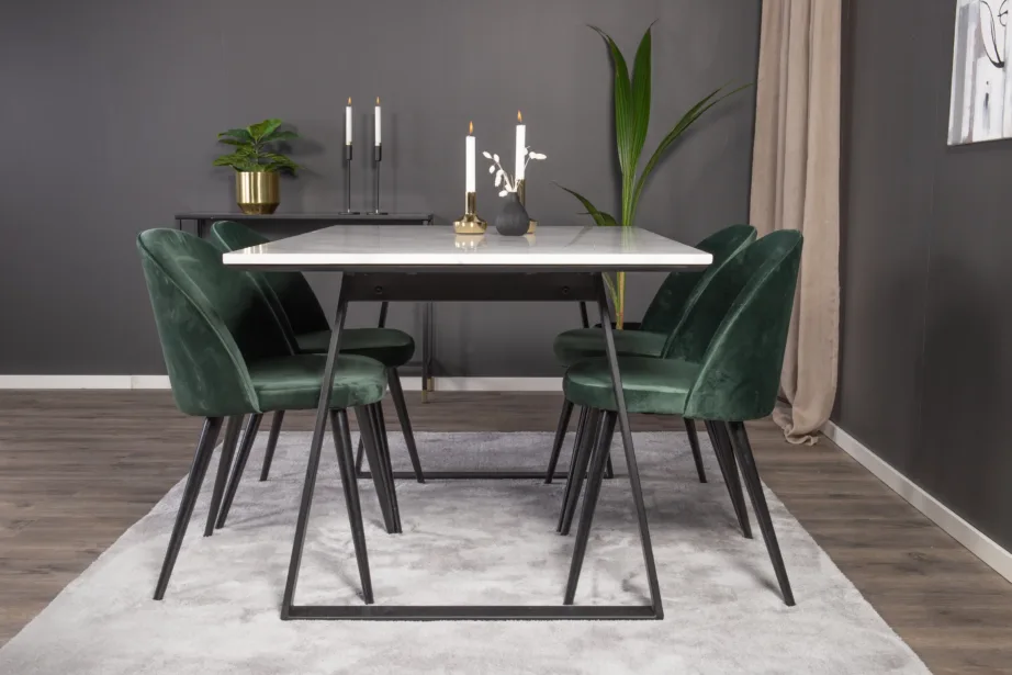 Estelle ristkülikukujuline valge marmorist söögilaua komplekt roheliste samettoolidega, mustade jalgadega, GR14003 – 5