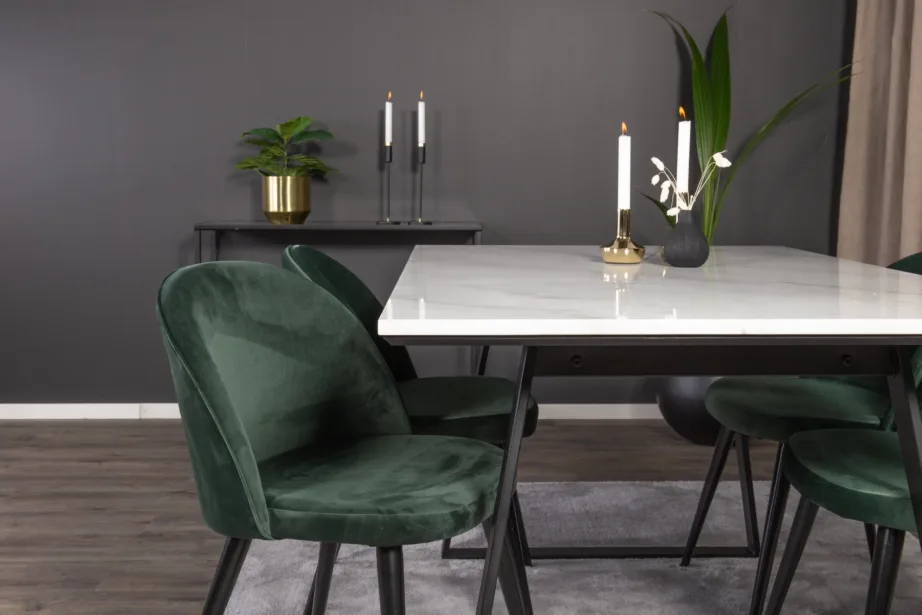 Estelle ristkülikukujuline valge marmorist söögilaua komplekt roheliste samettoolidega, mustade jalgadega, GR14003 – 8