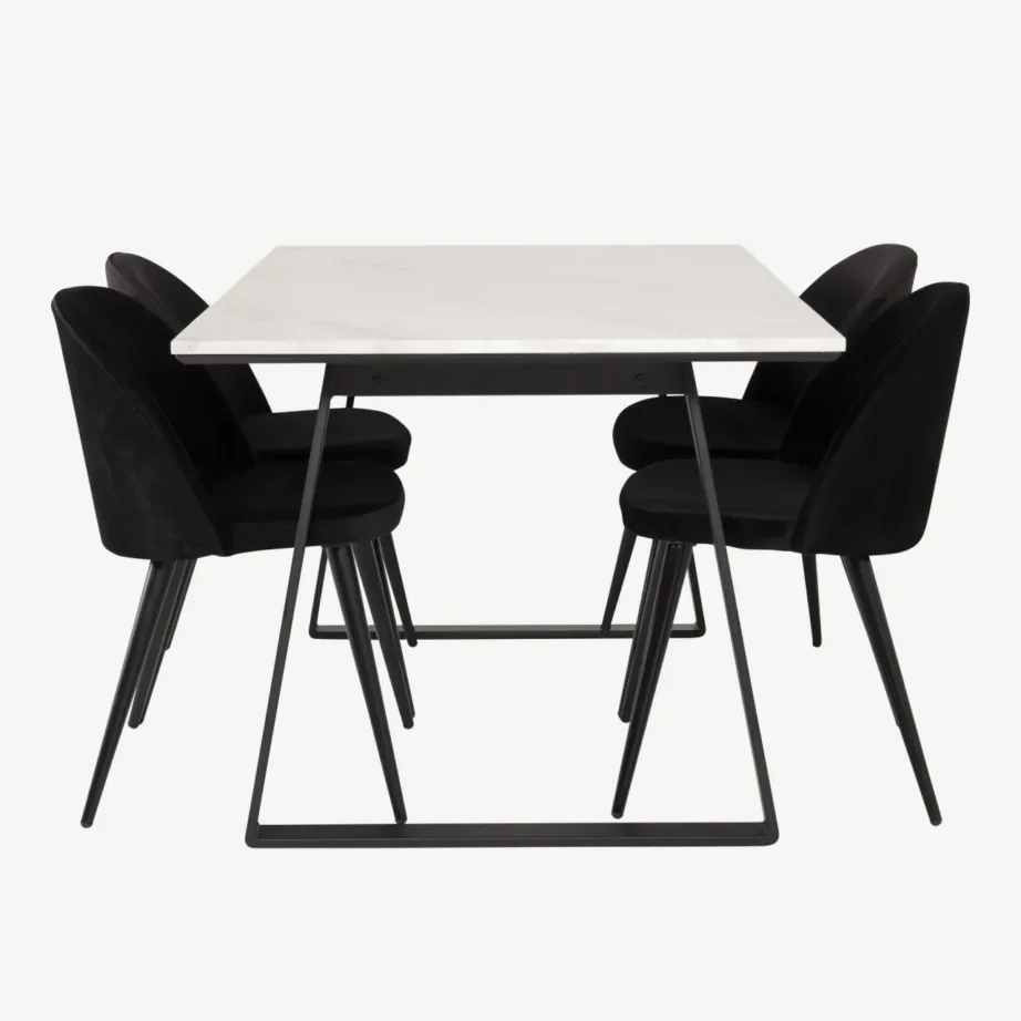 Estelle ristkülikukujulise valge marmorlauaga söögigrupi komplekt, mustad terasjalad ja 4 musta velvettooli, GR14004 – 2