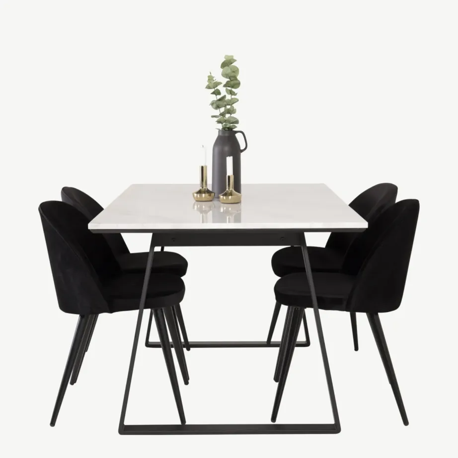 Estelle ristkülikukujulise valge marmorlauaga söögigrupi komplekt, mustad terasjalad ja 4 musta velvettooli, GR14004 – 3
