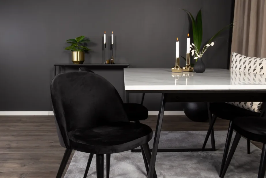 Estelle ristkülikukujulise valge marmorlauaga söögigrupi komplekt, mustad terasjalad ja 4 musta velvettooli, GR14004 – 8