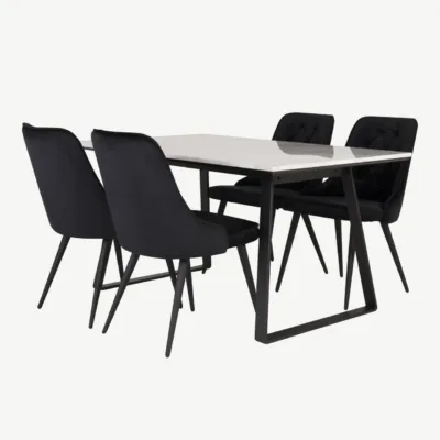 Söögilauakomplekt Estelle valge marmorlaua ja mustade velvettoolidega (4 kohta) - GR14011