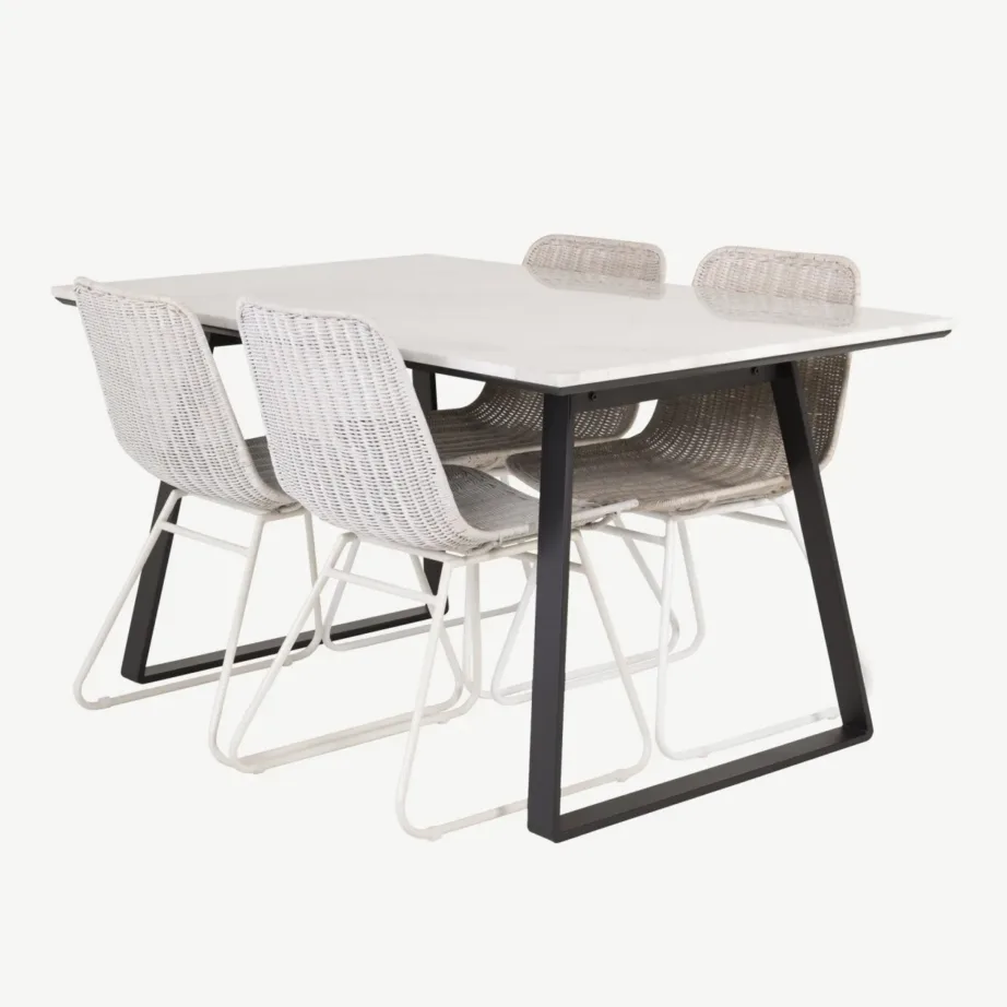 Estelle ristkülikukujuline valge marmorist söögilauakomplekt rattanist toolidega, GR14016 – 4