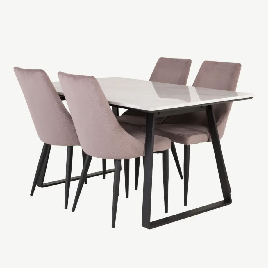 Ristkülikukujuline marmorist söögilaud Estelle ja tolmuroosad polsterdatud söögitoolid Leone (komplekt 4 tooliga), GR14019 – 4