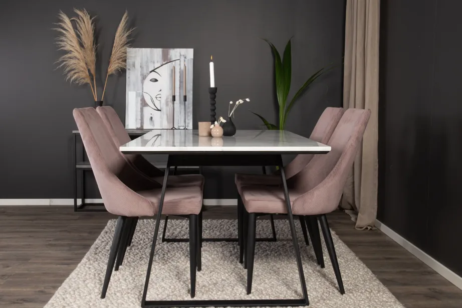 Ristkülikukujuline marmorist söögilaud Estelle ja tolmuroosad polsterdatud söögitoolid Leone (komplekt 4 tooliga), GR14019 – 5