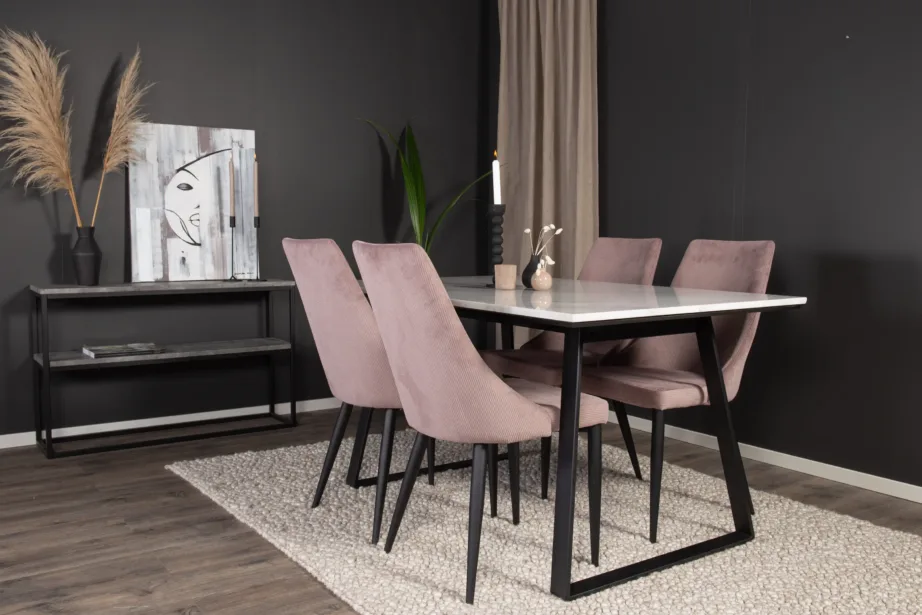 Ristkülikukujuline marmorist söögilaud Estelle ja tolmuroosad polsterdatud söögitoolid Leone (komplekt 4 tooliga), GR14019 – 6