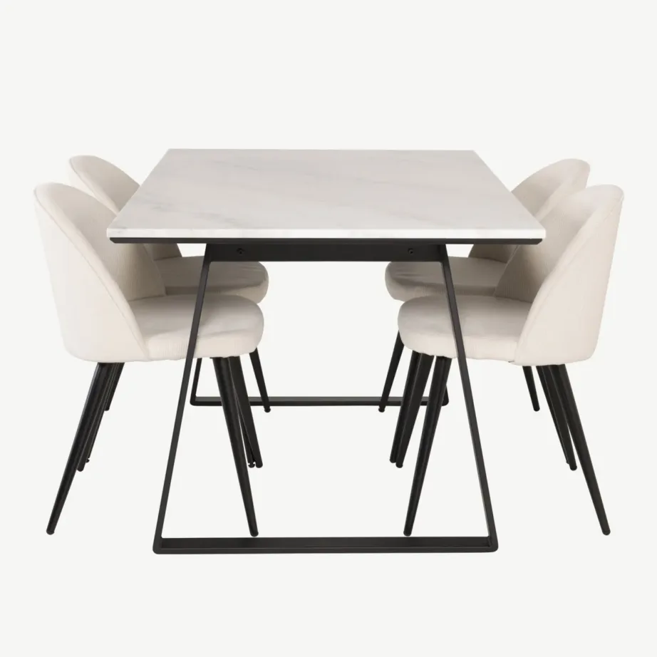 Ristkülikukujuline söögikomplekt valge marmorlaua ja velvetist toolidega Estelle, GR14020 – 2