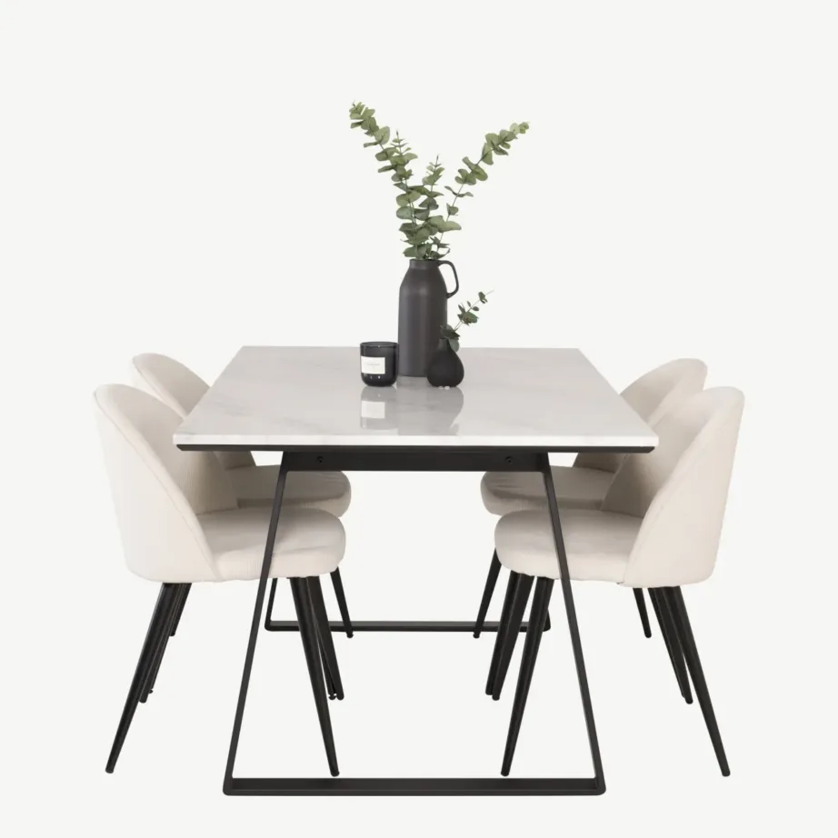 Ristkülikukujuline söögikomplekt valge marmorlaua ja velvetist toolidega Estelle, GR14020 – 3