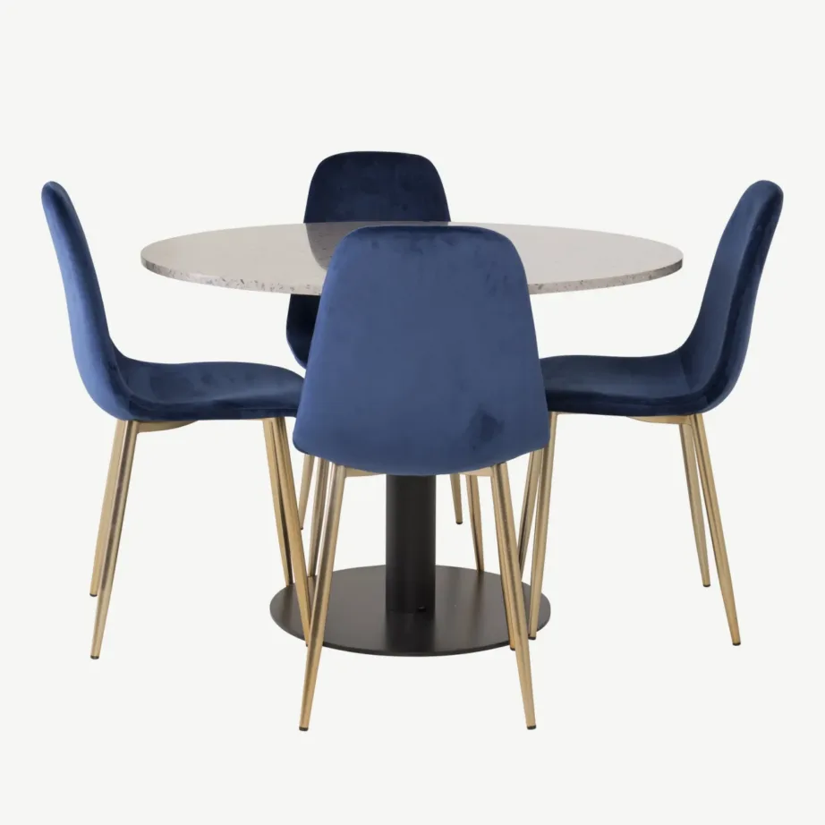 Ümmargune hall terrazzo söögilaud Razzia ja sinised samettoolid kuldsete jalgadega, GR14022 – 2