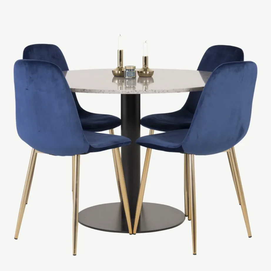 Ümmargune hall terrazzo söögilaud Razzia ja sinised samettoolid kuldsete jalgadega, GR14022 – 4