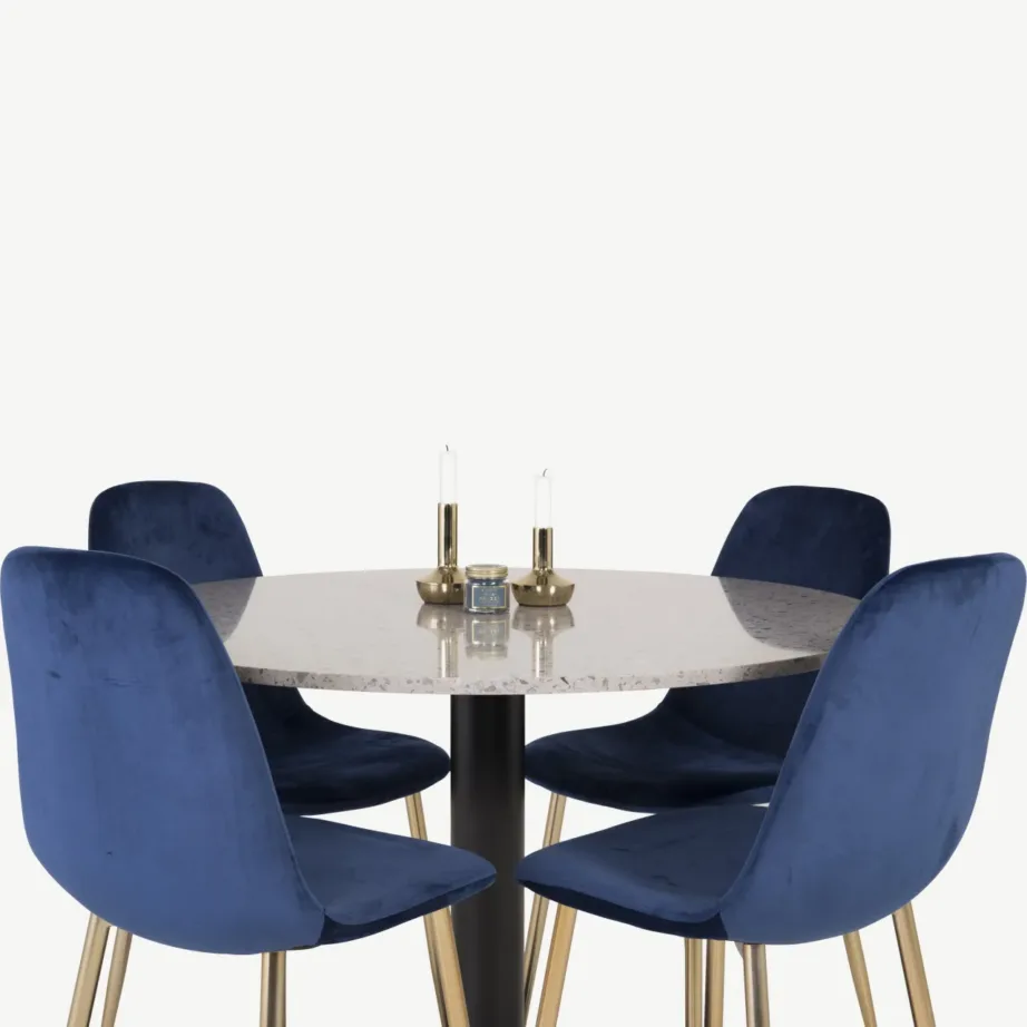 Ümmargune hall terrazzo söögilaud Razzia ja sinised samettoolid kuldsete jalgadega, GR14022 – 5