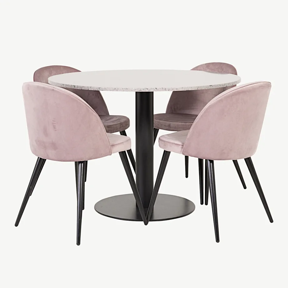 Ümmargune söögilauakomplekt Razzia halli terazzo lauaga ja tolmuroosade samettoolidega, GR14029 – 2