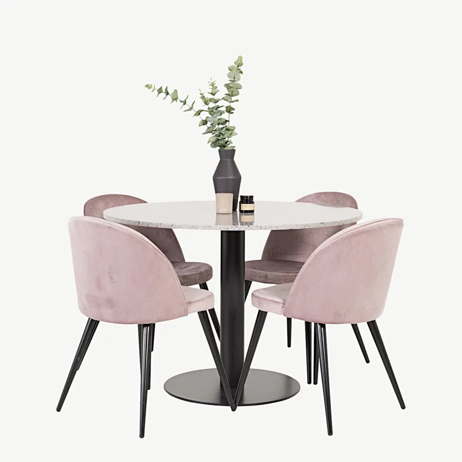 Ümmargune söögilauakomplekt Razzia halli terazzo lauaga ja tolmuroosade samettoolidega, GR14029 – 3