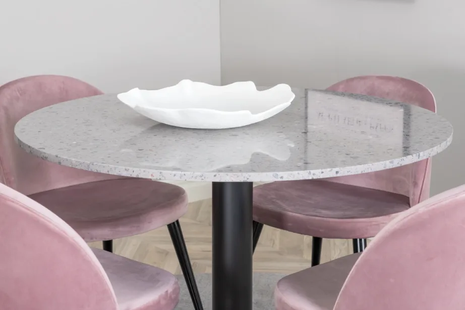 Ümmargune söögilauakomplekt Razzia halli terazzo lauaga ja tolmuroosade samettoolidega, GR14029 – 6