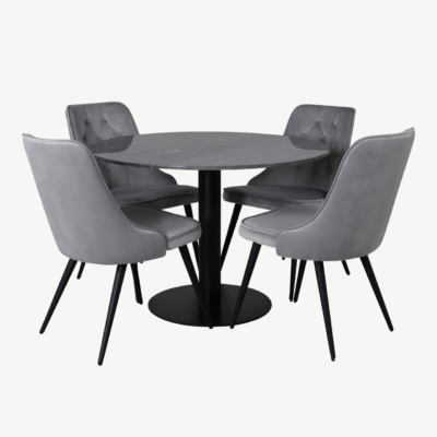 Ümmargune marmorist söögilauakomplekt Estelle samettoolidega (4 tk), tumehall - GR14036