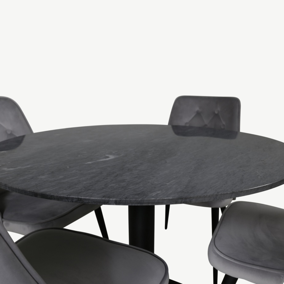 Ümmargune marmorist söögilauakomplekt Estelle samettoolidega (4 tk), tumehall, GR14036 – 3