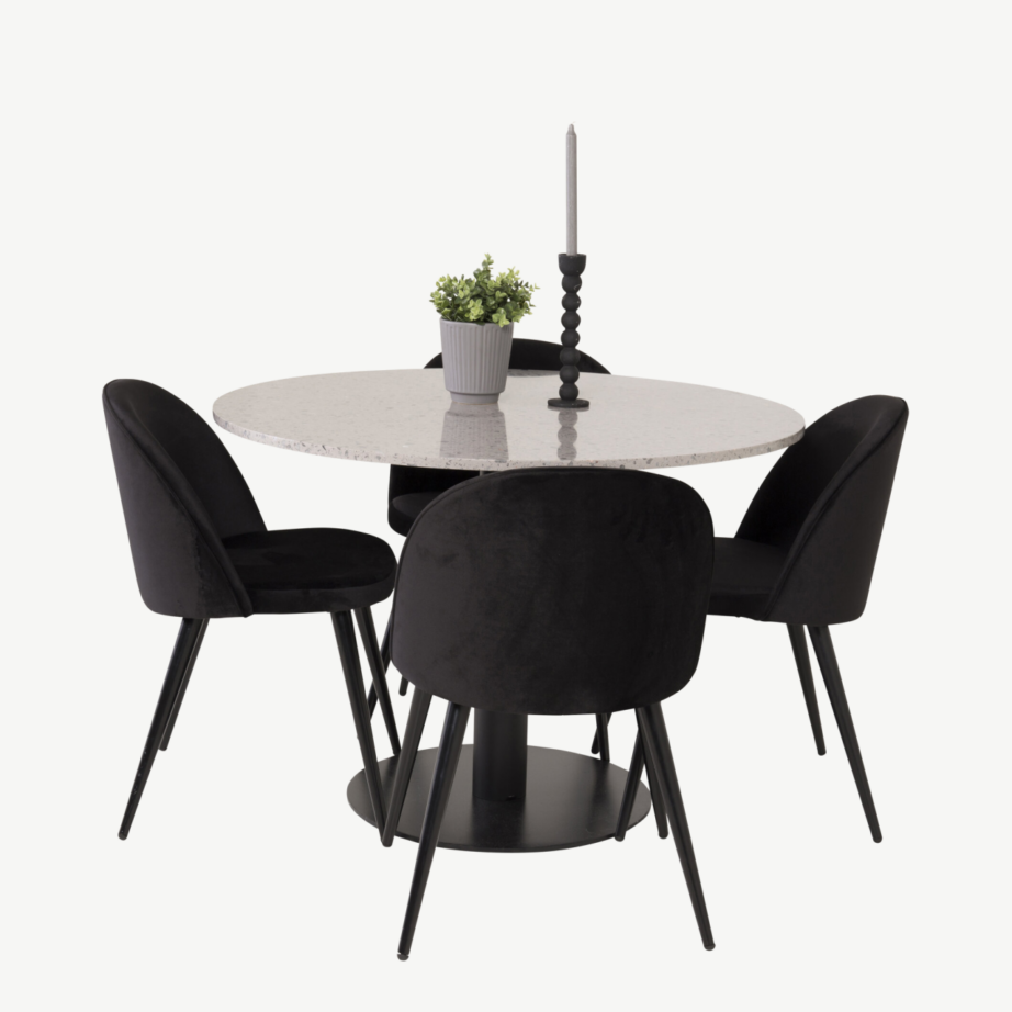Razzia ümmargune terazzo söögilauakomplekt mustade velvettoolidega, GR14052 – 2