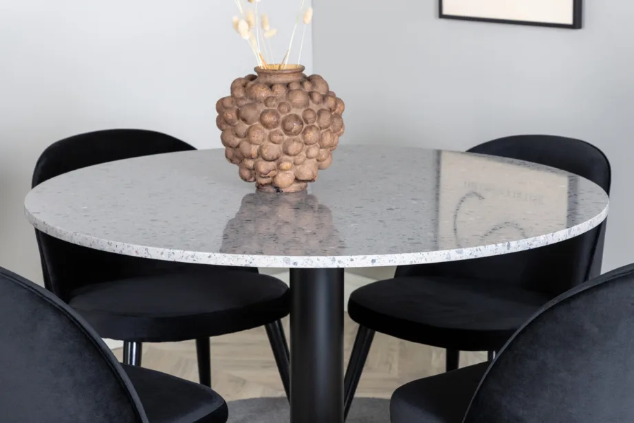 Razzia ümmargune terazzo söögilauakomplekt mustade velvettoolidega, GR14052 – 6