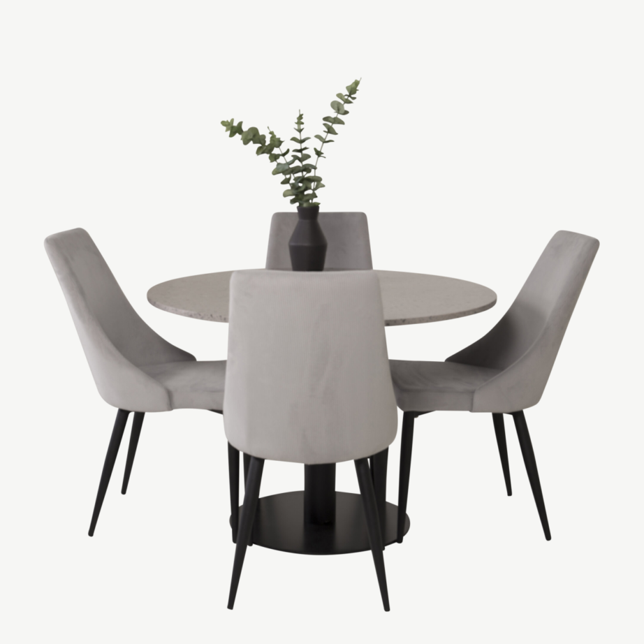 Ümmarguse terrazzo lauaplaadiga söögilaud Razzia ja neli helehalli polstriga tooli, GR14058 – 2