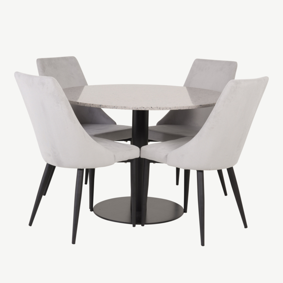 Ümmarguse terrazzo lauaplaadiga söögilaud Razzia ja neli helehalli polstriga tooli, GR14058 – 3