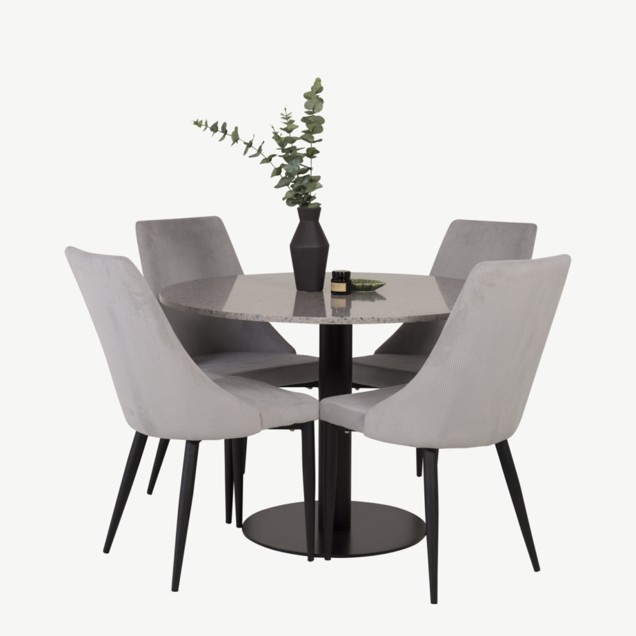 Ümmarguse terrazzo lauaplaadiga söögilaud Razzia ja neli helehalli polstriga tooli, GR14058 – 4