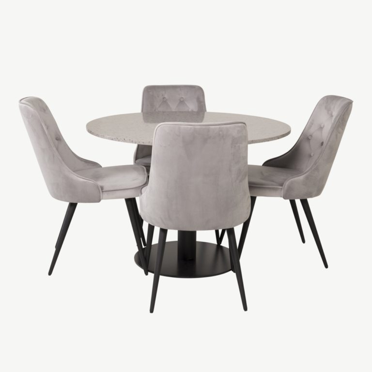 Razzia ümmargune terrazzo söögilaud ja helehallid velvetist toolid - GR14066