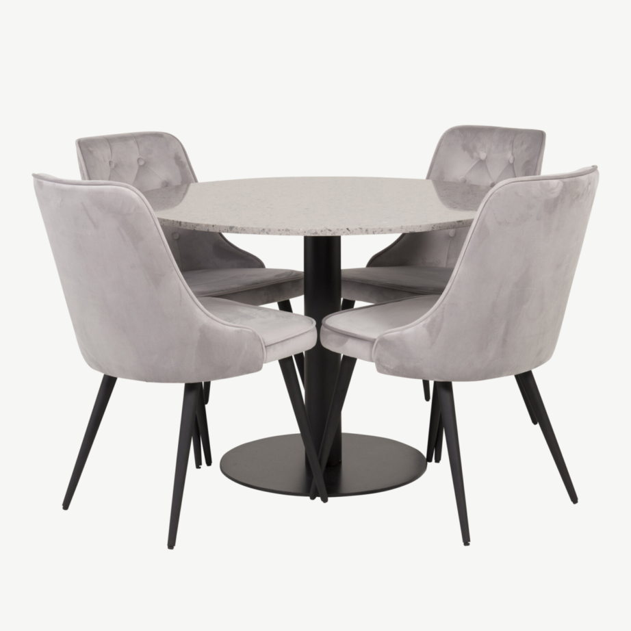 Razzia ümmargune terrazzo söögilaud ja helehallid velvetist toolid, GR14066 – 2