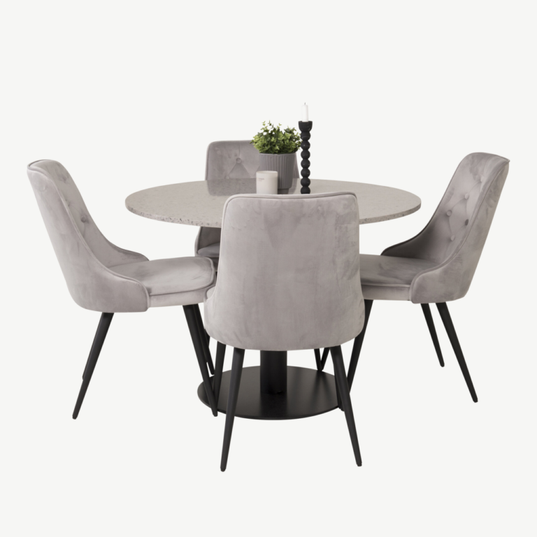Razzia ümmargune terrazzo söögilaud ja helehallid velvetist toolid - GR14066